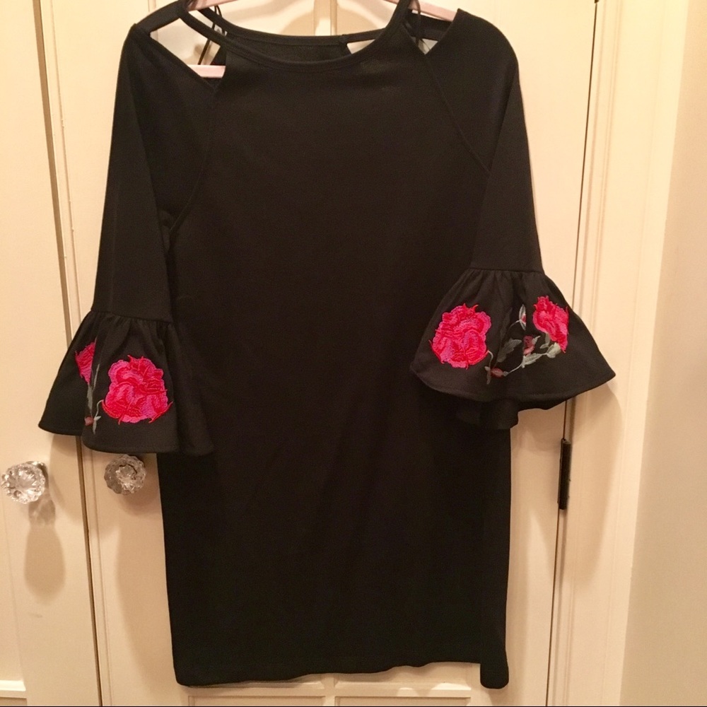 Francesca’s Black Floral Bell Sleeve Dress - NWT